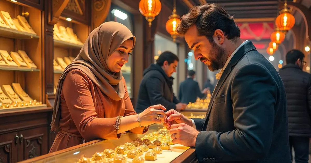 زن و شوهر در حال خرید حلقه جواهر ازدواج برای دستان چاق و تپل زن.