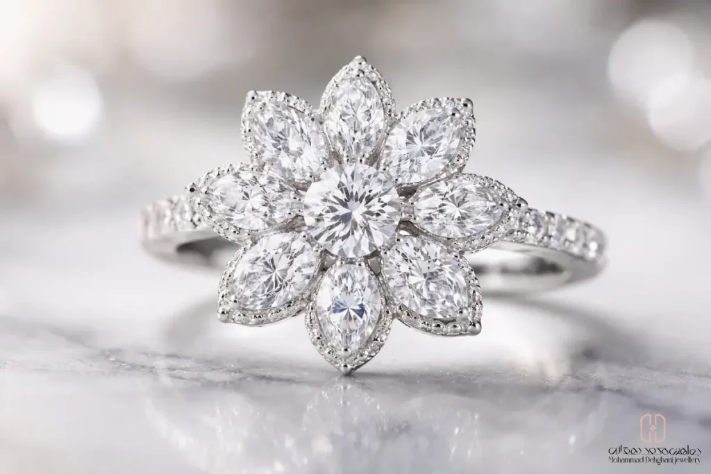 انگشتر فلاور با نمای نزدیک از چیدمان چند نگین