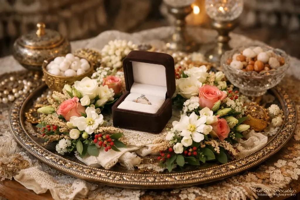 سینی بله برون تزیین شده با جعبه انگشتر و گل آرایی