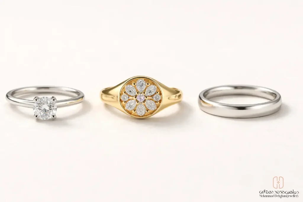 مقایسهای از سه مدل سولیتر تکنگین، انگشتر نشان (فلاور) جواهر و حلقه ازدواج ساده